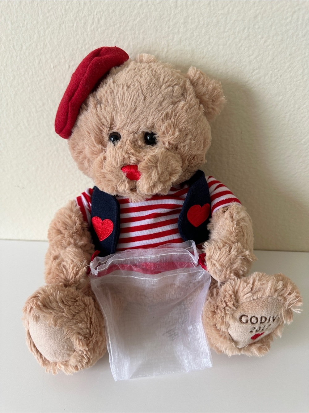 2017 Godiva Valentine’s Day Plush Bear Wearing Red Beret, Striped Shirt & Vest